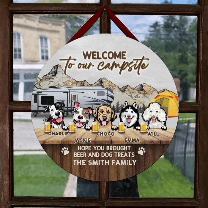 Custom Personalized Dog & Camping Wooden Sign - Upto 5 Dogs - Gift Idea For Dog Lover /Camping Lover - Welcome To Our Campsite