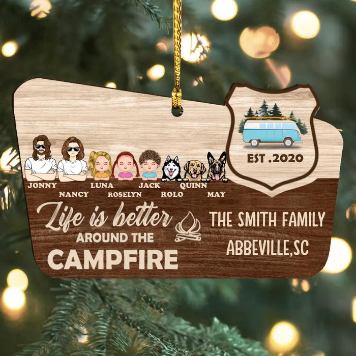 Custom Personalized Camping Wooden Ornament - Couple/Family With Up to 3 Kids,3 Dogs - Christmas/Birthday/Anniversary Gift For Couple/Family - Life Is Better Around The Campfire