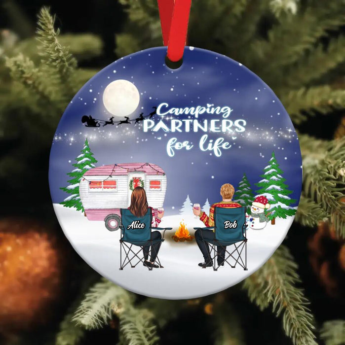 Custom Personalized Xmas Camping Wooden Ornament - Adult/Couple/Single Parent/Parents with Upto 2 Kids And 3 Pets - Christmas Gift Idea For Couple/Camping/Dog/Cat Lovers - Camping Partners For Life