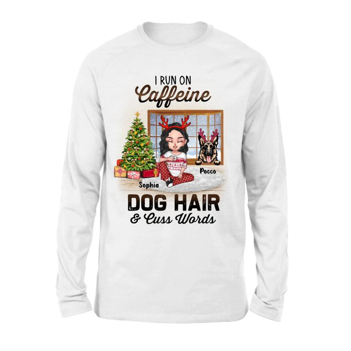 Custom Personalized Pet Mom Shirt - Upto 3 Dogs/Cats - Christmas Gift Idea For Dog/Cat Lovers - I Run On Caffeine Dog Hair & Cuss Words