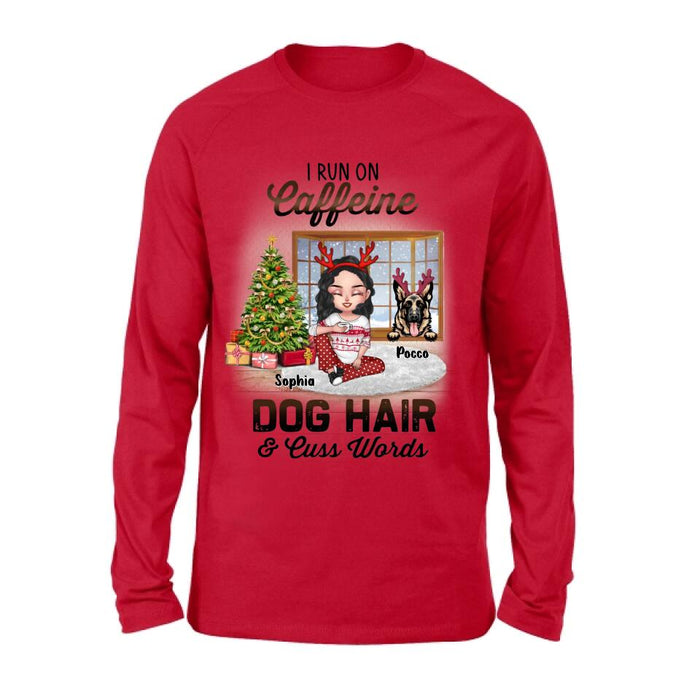 Custom Personalized Pet Mom Shirt - Upto 3 Dogs/Cats - Christmas Gift Idea For Dog/Cat Lovers - I Run On Caffeine Dog Hair & Cuss Words