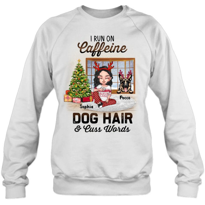 Custom Personalized Pet Mom Shirt - Upto 3 Dogs/Cats - Christmas Gift Idea For Dog/Cat Lovers - I Run On Caffeine Dog Hair & Cuss Words