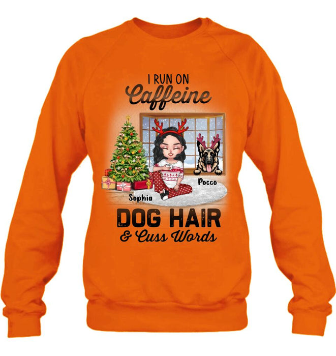 Custom Personalized Pet Mom Shirt - Upto 3 Dogs/Cats - Christmas Gift Idea For Dog/Cat Lovers - I Run On Caffeine Dog Hair & Cuss Words