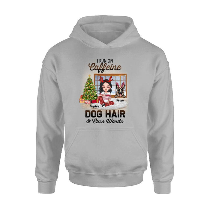 Custom Personalized Pet Mom Shirt - Upto 3 Dogs/Cats - Christmas Gift Idea For Dog/Cat Lovers - I Run On Caffeine Dog Hair & Cuss Words