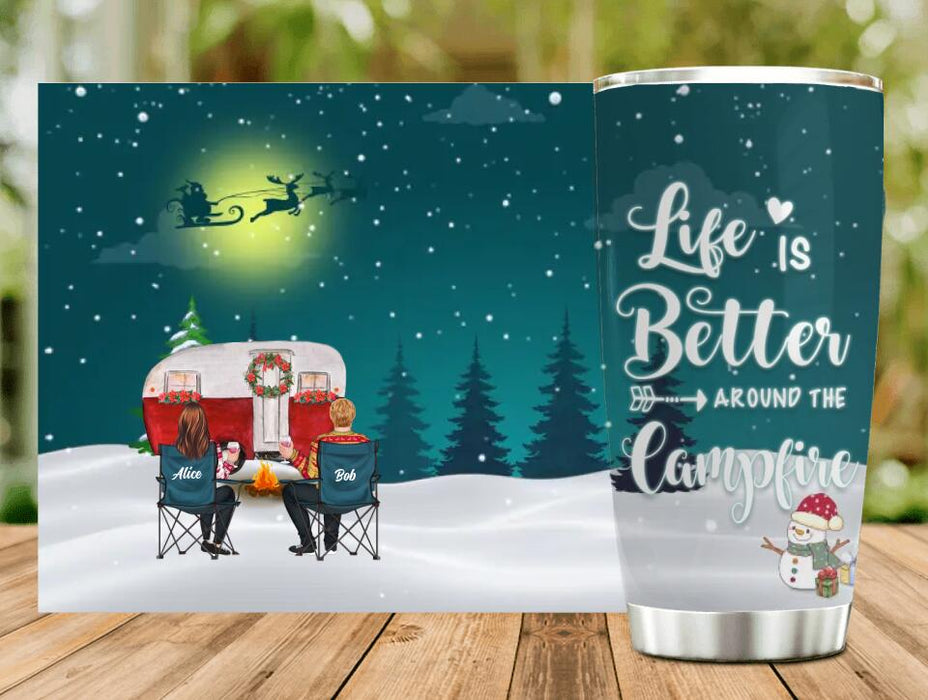 Custom Personalized Xmas Camping Tumbler - Adult/Couple/Single Parent/Parents with Upto 2 Kids And 3 Pets - Christmas Gift Idea For Camping/ Dog/ Cat Lovers - Life Is Better Around The Campfire