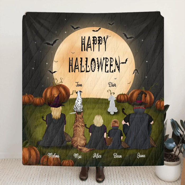 Custom Personalized Halloween Family Quilt/Fleece Blanket - Gift for Family, Halloween - Up to 2 Kids and 3 Pets