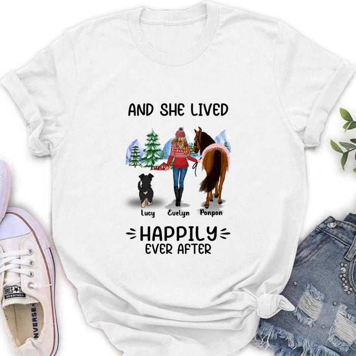 Custom Personalized Horses & Dogs Shirt/Hoodie - Gift Idea For Horse/Dog Lovers - Upto 4 Dogs - And She Lived Happily Ever After