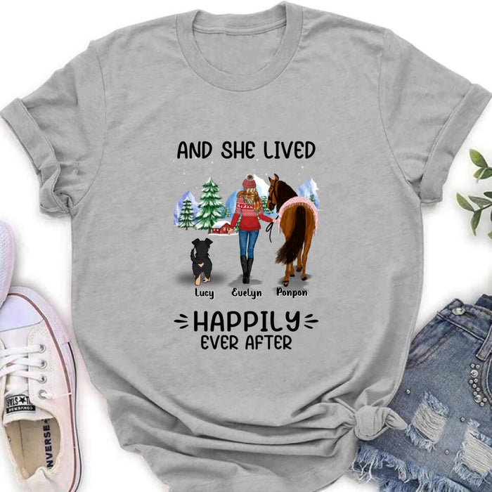 Custom Personalized Horses & Dogs Shirt/Hoodie - Gift Idea For Horse/Dog Lovers - Upto 4 Dogs - And She Lived Happily Ever After