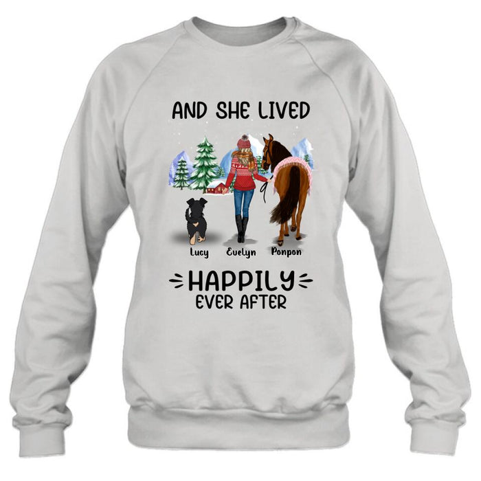 Custom Personalized Horses & Dogs Shirt/Hoodie - Gift Idea For Horse/Dog Lovers - Upto 4 Dogs - And She Lived Happily Ever After