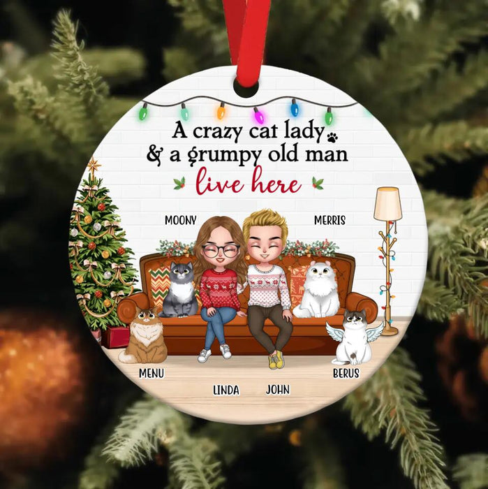 Custom Personalized Crazy Cat Lady Circle Wooden Ornament - Gift Idea For Couple/Cat Lovers With Upto 2 Cats - A Crazy Cat Lady& A Grumpy Old Man Live Here