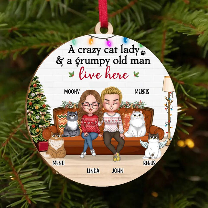 Custom Personalized Crazy Cat Lady Circle Wooden Ornament - Gift Idea For Couple/Cat Lovers With Upto 2 Cats - A Crazy Cat Lady& A Grumpy Old Man Live Here