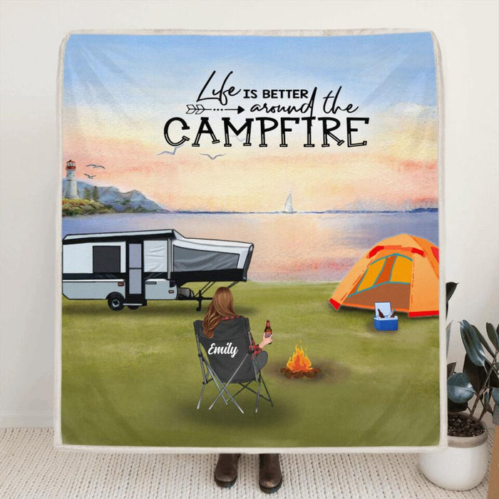 Custom Personalized Camping Fleece Blanket/Quilt Blanket/Pillow Cover - Best Gift For Camping Family/Couple/Single Parent/Solo - Full Option - Upto 4 Kids and 3 Pets - Life Is Better Around The Campfire