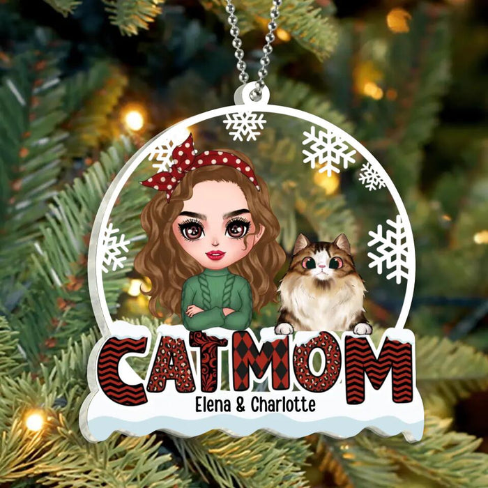 Custom Personalized Cat Mom Winter Acrylic Ornament - Gift Idea For Cat Lover With Upto 4 Cats - Christmas/ Winter Gift