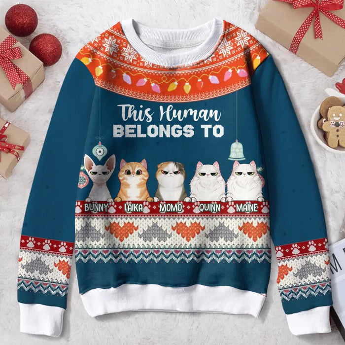 Personalized Xmas Cat All-Over Print Sweater - Up to 5 Cats - Christmas Gift Idea For Cat Lover - This Human Belongs To
