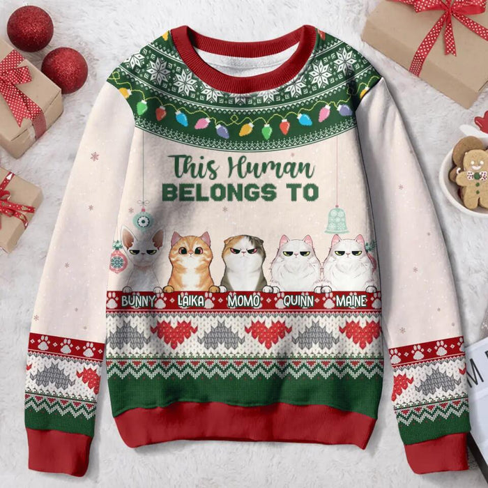 Personalized Xmas Cat All-Over Print Sweater - Up to 5 Cats - Christmas Gift Idea For Cat Lover - This Human Belongs To