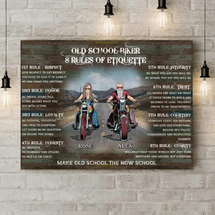 Custom Personalized Rules Of Old School Biker Canvas - Gift Idea For Biker Lovers / Friends - Upto 10 People - Old School Biker 8 Rules Of Etiquette