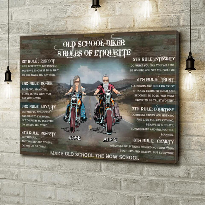 Custom Personalized Rules Of Old School Biker Canvas - Gift Idea For Biker Lovers / Friends - Upto 10 People - Old School Biker 8 Rules Of Etiquette