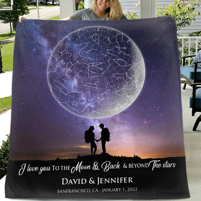 Custom Personalized Hiking Couple Quilt/Fleece Blanket - Gift Idea For Couple - I Love You To The Moon & Back