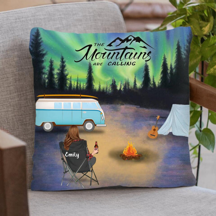 Custom Personalized Camping Throw Pillow Cover - Single Parent with upto 6 Children and 6 Pets - Best Gift For Single Mom/Dad - The Mountains Are Calling