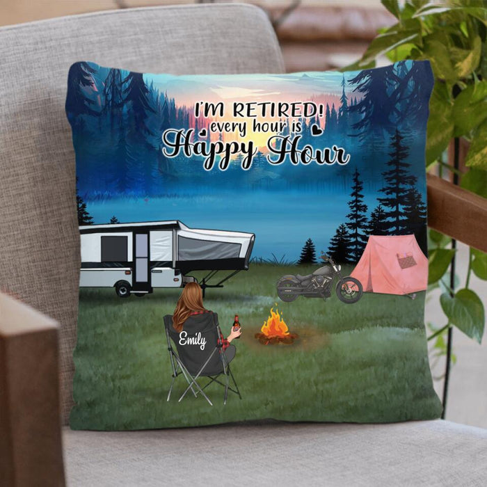 Custom Personalized Camping Pillow Cover - Man/ Woman/ Couple With Upto 5 Pets - Best Gift For Camping Lover - I'm Retired! Every Hour Is Happy Hour