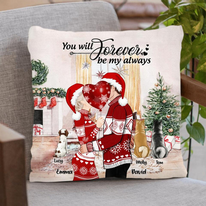 Custom Personalized Kissing Couple Xmas Pillow - Couple With Upto 3 Pets - Best Gift For Christmas - You Will Forever Be My Always - EWFNOK