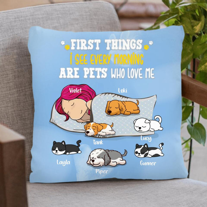 Custom Personalized Dog Mom Sleep Pillow Cover- Upto 6 Pets - First Things I See Every Morning Are Pets Who Love Me