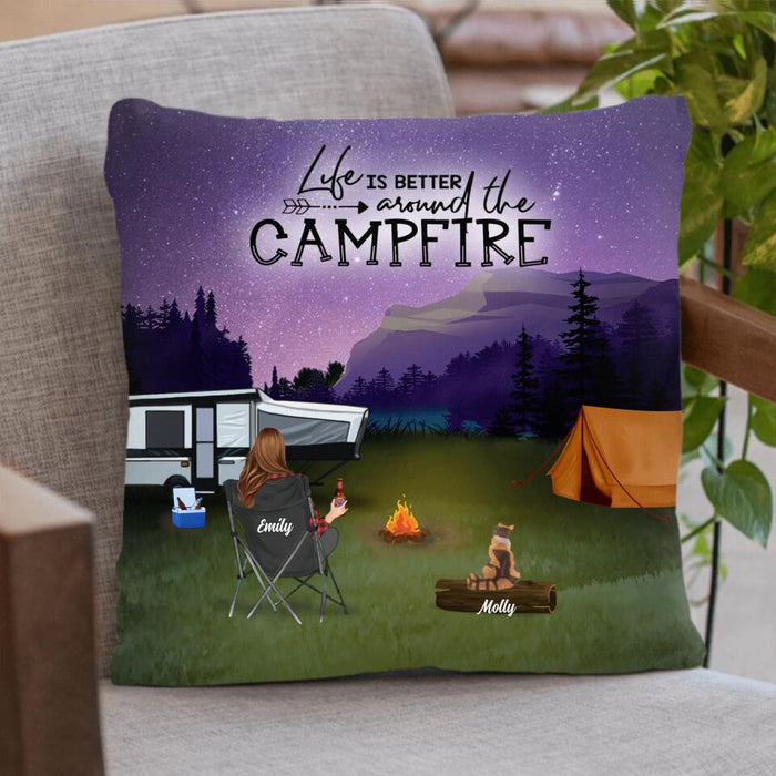 Custom Personalized Night Camping Quilt/ Fleece Blanket/Pillow Cover - Best Gift For Camping Family/Couple/Single Parent/Solo - Upto 5 Kids and 3 Pets - Life Is Better Around The Campfire