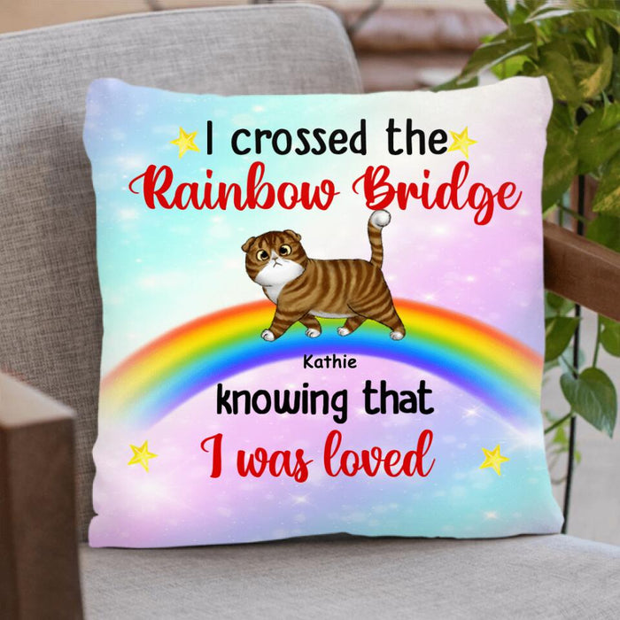 Custom Personalized Crossed Rainbow Bridge Cat Pillow Cover - Upto 5 Cats - Best Gift For Cat Lover - We Crossed The Rainbow Bridge Knowing That We Were Loved