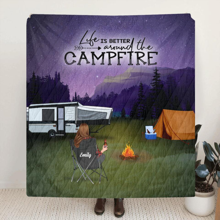 Custom Personalized Night Camping Quilt/ Fleece Blanket/Pillow Cover - Best Gift For Camping Family/Couple/Single Parent/Solo - Upto 5 Kids and 3 Pets - Life Is Better Around The Campfire