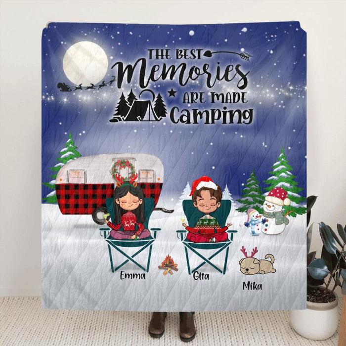 Custom Personalized Couple Camping Xmas Quilt/ Fleece Blanket & Pillow Cover - Couple With Upto 4 Pets - Christmas Gift For Cat/ Dog Lover