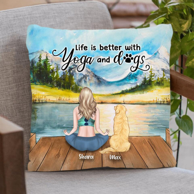 Personalized Yoga Dog Mom Quilt/Fleece Blanket/Pillow Cover - Woman With Up to 4 Dogs - Gift For Dog Lover - Life Is Better With Yoga And Dogs