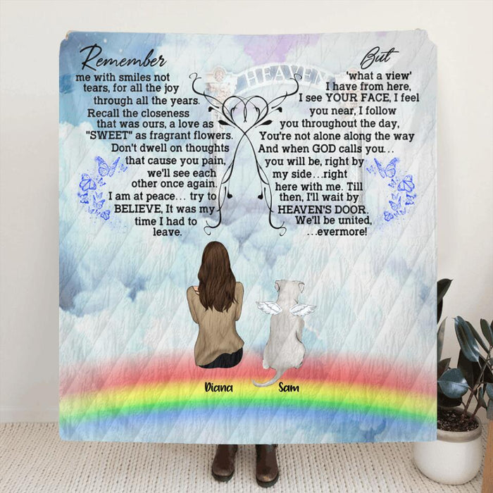 Custom Personalized Memorial Pets Fleece/Quilt Blanket/ Pillow Cover - Man/Woman With Upto 6 Pets - Memorial Gift For Dog Lovers/Cat Lovers - Remember me with smiles not tears- AXSIO5