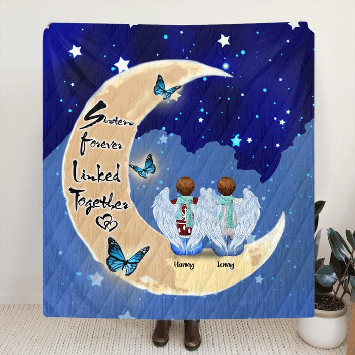 Custom Personalized Sister Moon Quilt/ Fleece Blanket & Pillow Cover - Best Gift For Sisters - Upto 5 Women - Sisters Forever Linked Together