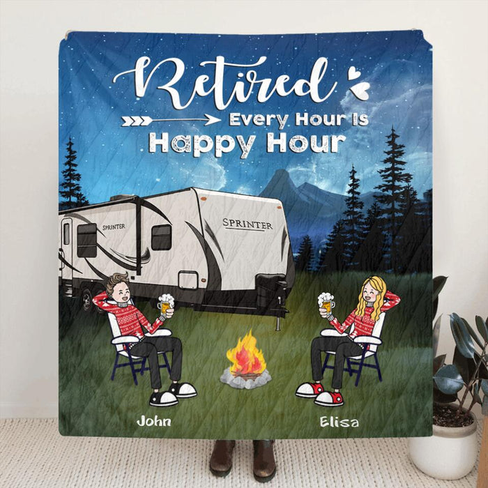 Custom Personalized Night Camping With Friends Quilt/Fleece Blanket  & Pillow Cover - Upto 6 People  - Best Gift For Friends/Camping Lovers - Happy Campers