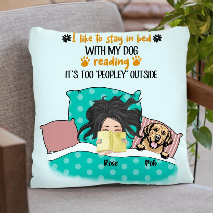 Custom Personalized Stay In Bed With Dog Reading Pillow Cover & Quilt/ Fleece Blanket - Girl With Upto 4 Dogs - Best Gift For Dog Lover