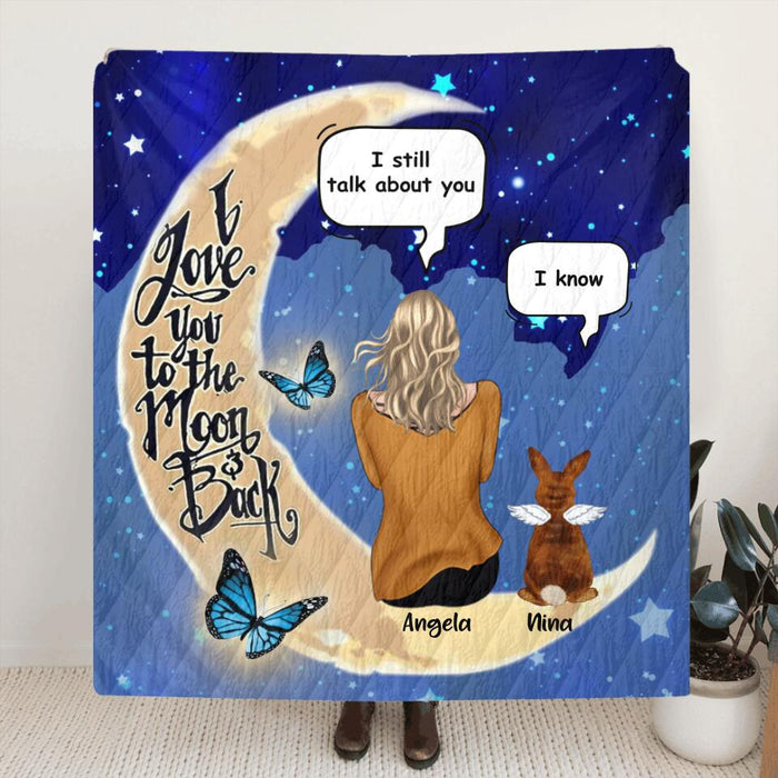 Custom Personalized Memorial Rabbit Quilt/Fleece Blanket - Upto 4 Rabbits - Memorial Gift For Rabbit Lovers - I Love You To The Moon & Back