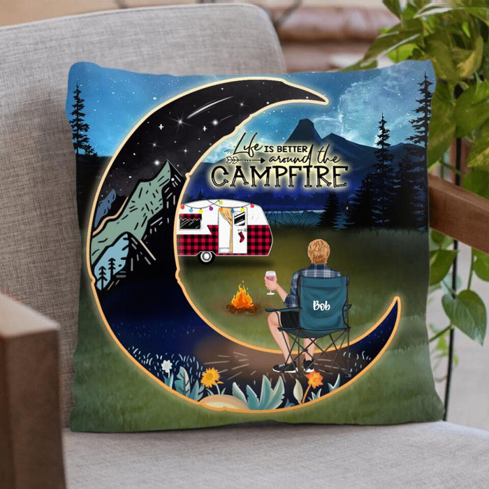 Custom Personalized Camping Moon Pillow Cover - Man/ Woman/ Couple/ Parents With Upto 3 Kids And 6 Pets - Gift For Camping Lover - Life Is Better Around The Campfire