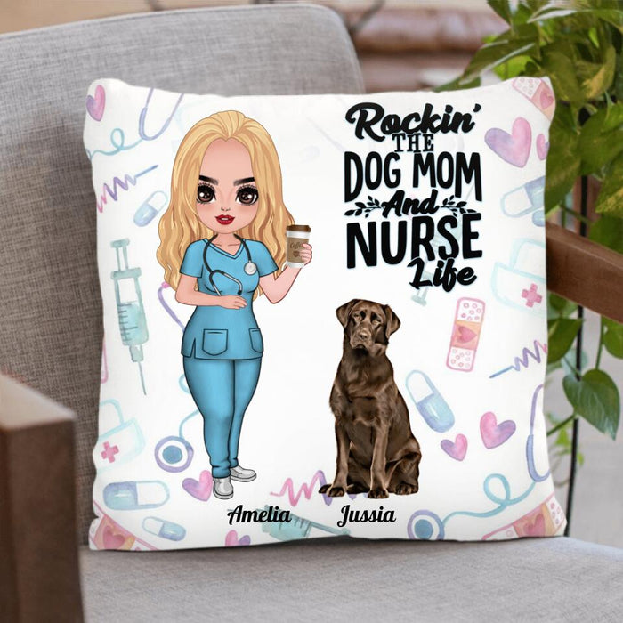 Custom Personalized Nurse Dog Mom Pillow Cover - Upto 5 Dogs - Gift Idea For Nurse, Dog Lover - Rockin' The Dog Mom And Nurse Life