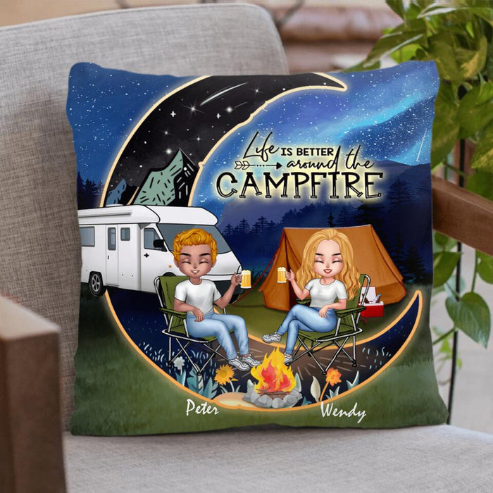 Custom Personalized Camping Moon Night Chibi Pillow Cover - Couple With Upto 3 Dogs - Gift Idea For Camping Lover - Life Is Better Around The Campfire