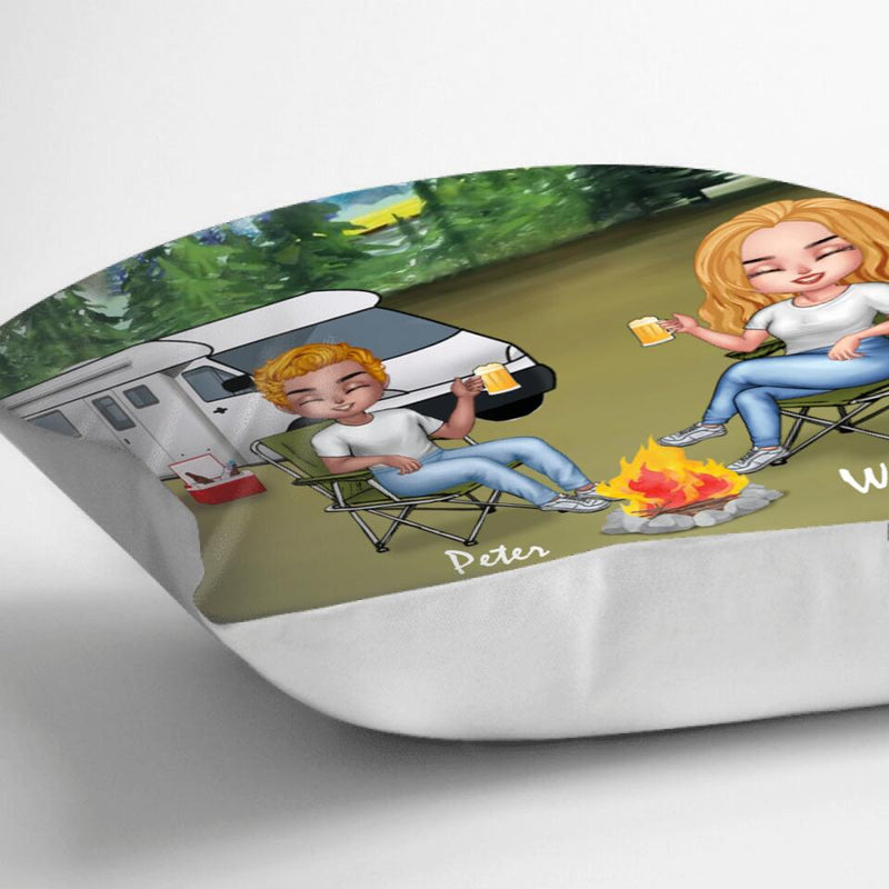 Personalized Camping Chibi Pillow Cover - Couple With Up to 3 Dogs - Gift Idea For Camping Lover - Making Memories One Campsite At A Time