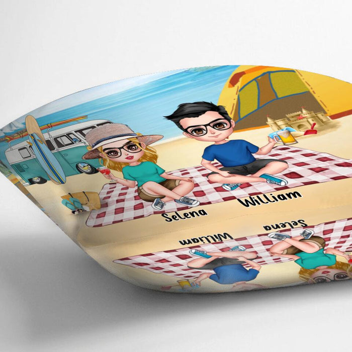 Custom Personalized Summer Beach Picnic Camping Pillow Cover & Fleece/ Quilt Blanket - Upto 5 People - Gift Idea For Camping Couple/ Friends - The Beach Is Our Happy Place