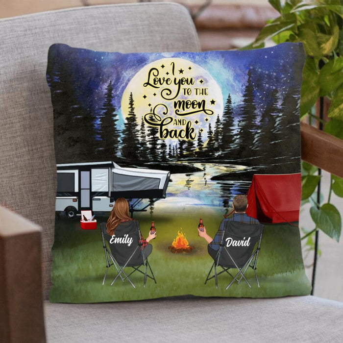 Custom Personalized Camping Moon Pillow Cover & Fleece/ Quilt Blanket - Couple/ Parents With Upto 3 Kids And 4 Pets - Gift Idea For Camping Lover - I Love You To The Moon And Back