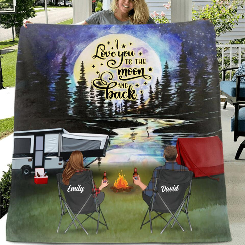 Personalized Camping Moon Pillow Cover/Fleece/Quilt Blanket - Couple/Parents With Up to 3 Kids And 4 Pets - Gift Idea For Camping Lover - I Love You To The Moon And Back