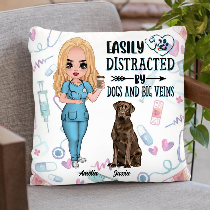 Custom Personalized Nurse Dog Mom Pillow Cover - Upto 5 Dogs - Gift Idea For Dog Lovers - Easily Distracted By Dogs And Big Veins