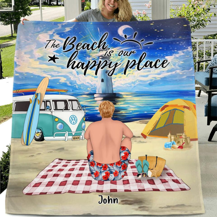 Custom Personalized Camping Beach Quilt/Fleece Blanket & Pillow Cover - Upto 4 People - Best Gift For Camping/Couple Lover - The Beach Is Our Happy Place