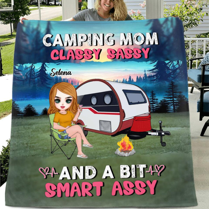 Custom Personalized Camping Mom Pillow Cover & Fleece/ Quilt Blanket - Upto 3 Dogs - Gift Idea For Camping Lover/ Dog Lover/ Mother's Day - Camping Mom Classy Sassy And A Bit Smart Assy