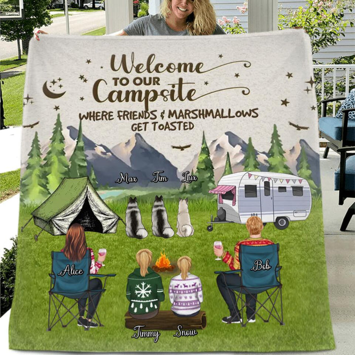 Custom Personalized Camping Quilt/Fleece Blanket/Pillow Cover - Adult/Couple/Single Parent/Parents with Upto 3 Pets - Gift Idea For Couple/Camping/Dog/Cat Lovers - Welcome To Our Campsite