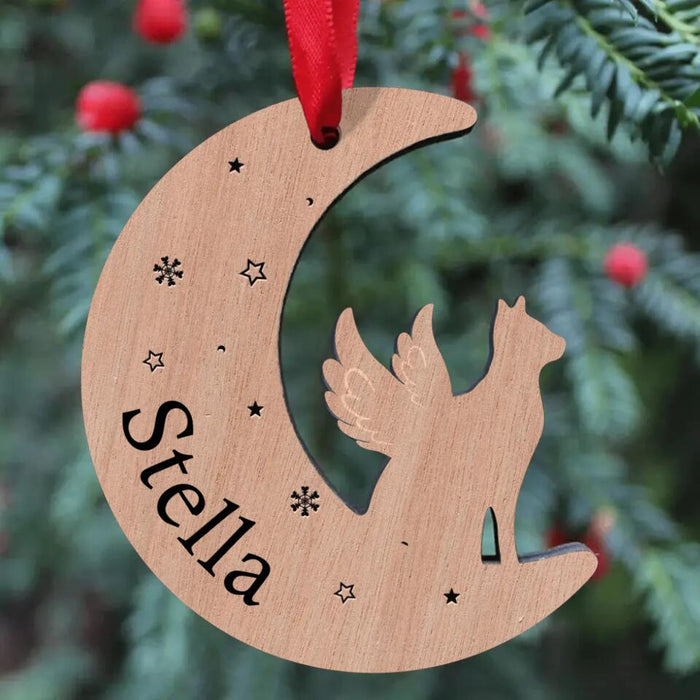 Custom Personalized Memorial Cat Moon Wooden Ornament - Memorial Gift Idea For Cat Lovers