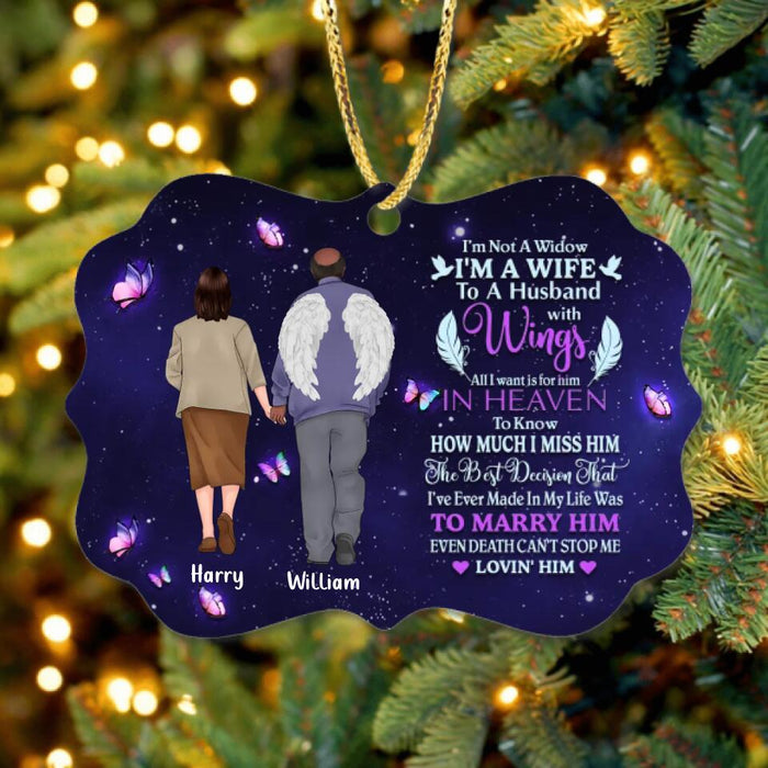 Custom Personalized Memorial Old Couple Rectangle Wooden Ornament - Memorial Gift Idea For Couple - I'm Not A Widow, I Am A Wife To A Husband With Wings