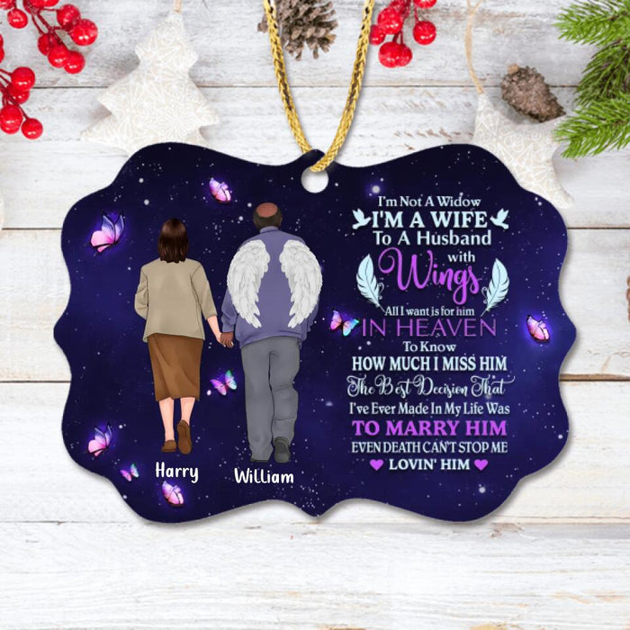 Custom Personalized Memorial Old Couple Rectangle Wooden Ornament - Memorial Gift Idea For Couple - I'm Not A Widow, I Am A Wife To A Husband With Wings